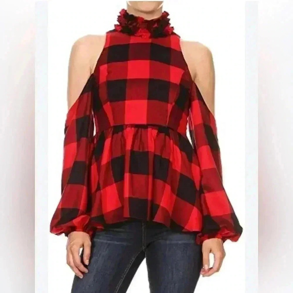 Va Va by Joy Han Buffalo Plaid, Fringe Neck, Open Shoulder Size M - Picture 1 of 13